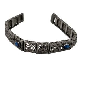Antique EIF & Co Art‎ Deco Filigree Panel Bracelet Blue Sapphire Glass Stones